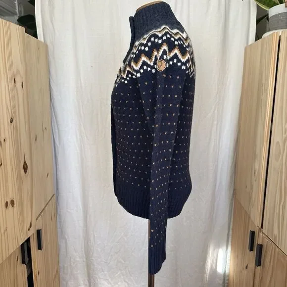 Fjallraven Women's Ovik Knit Wool Cardigan Sweater XS Fair Isle Nordic Blue Navy - Picture 3 of 16